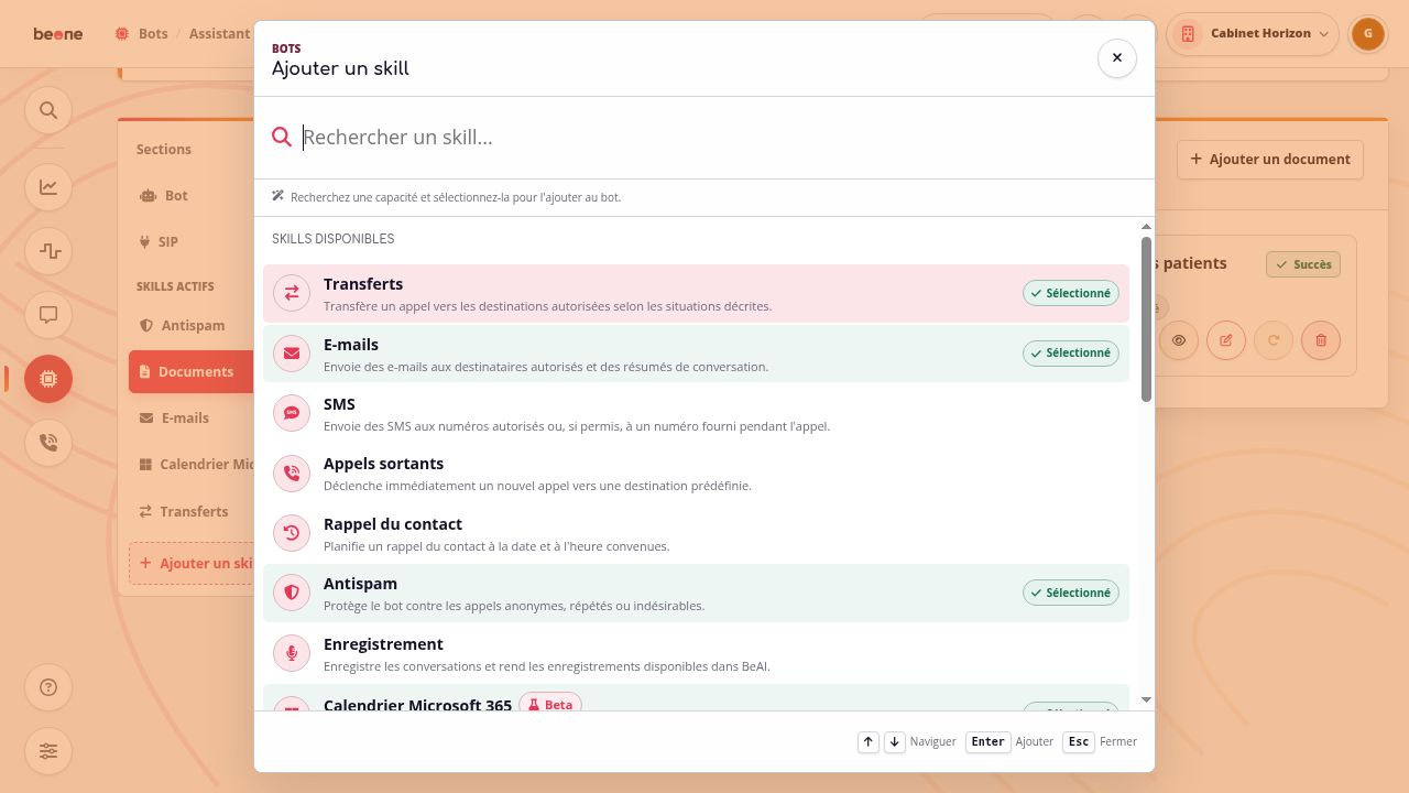 Skill selector with search and selection state